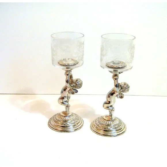 Pairpoint Silver Plate Cherub Votive Holders with Etched Glass PAIR - Picture 5 of 9